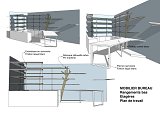 Aménagement du bureau. Linéaire d'étagères stratifié blanc avec chant façon latté, placards bas avec ouverture "touche-lâche". Le plateau du bureau a été conçu de biais dans l'espace pour optimiser le surface de travail. Il peut recevoir 3 personnes confortablement. Il repose sur un pied en anneau, acier laqué. Une silhouette d'arbre découpé dans un panneau de multipli, rempli ses fonctions tant décoratives que fonctionnelles pour soutenir les étagères au même titre que les entretoises rappelant le pied du bureau en tôle d'acier plié. 