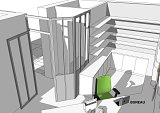 L'accès au bureau de la propiétaire se fait par un sas avec une verrière pour dissocier espace privé et espace professionnel et joue en miroir de la façade verrière.
